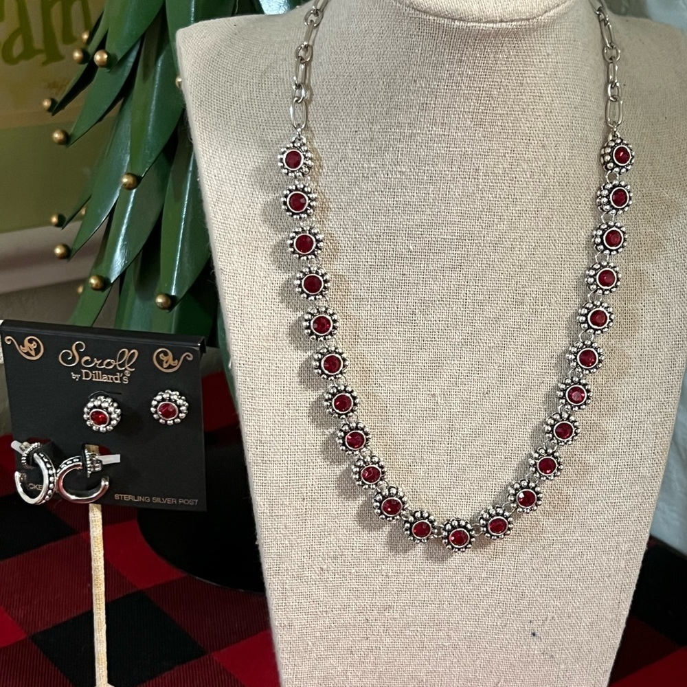 Scroll Red & Silver Necklace & 2 Pair Earrings Set #DILL1